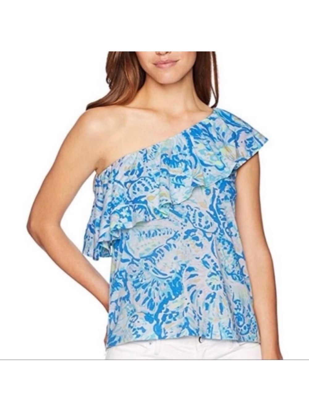 Lilly Pulitzer Matteo One Shoulder Top XS Blue White Seashell Pima Cotton Blend